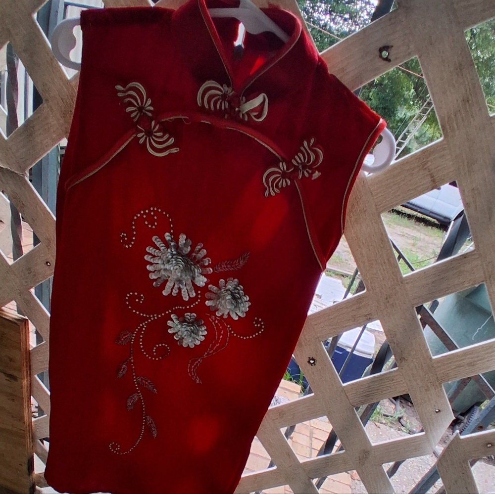 Girls Chinese Red Embroidered Mandarin Collar Dress